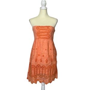 Lands’ End Canvas 1963 Strapless 100% Linen Eyelet Dress Size 10 Orange